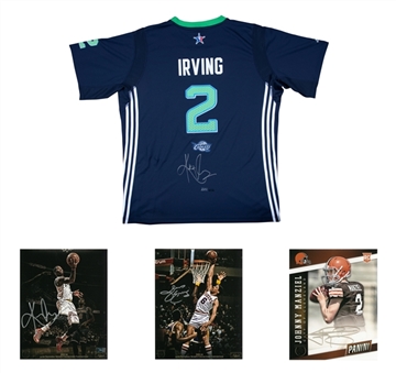 Lot of (4) Basketball & Football Signed Memorabilia Including Kyrie Irving Jersey & Photo, Julius Erving Photo & Johnny Manziel Photo (Panini & Beckett PreCert)